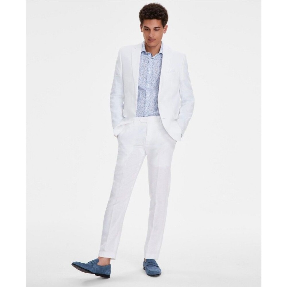 $495 BRAND NEW BAR III Mens 38L White Slim Linen 2 Piece Suit With Pants 32x32